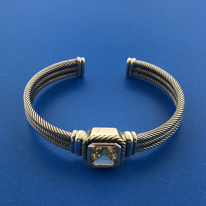 Designer CNA 925 Sterling Silver 14K Green Amethyst Cable Cuff Bracelet