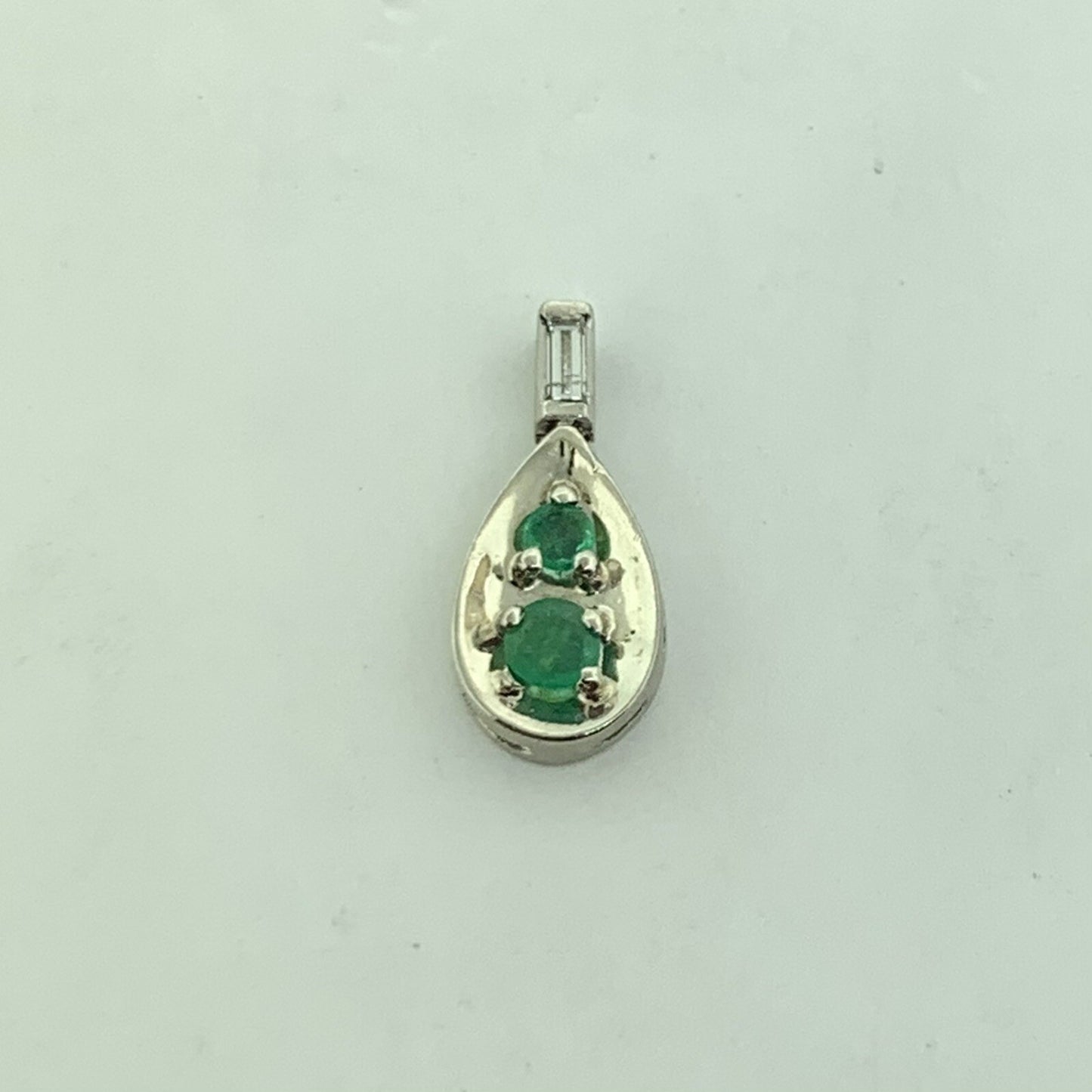14K White Gold Emerald Diamond Baguette Accented Pear Shaped Pendant