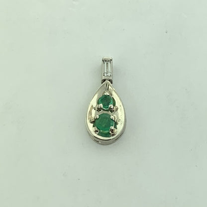 14K White Gold Emerald Diamond Baguette Accented Pear Shaped Pendant