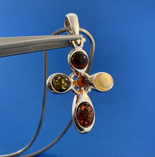 Designer 925 Sterling Silver Amber Modernist Cross Religious Pendant Necklace