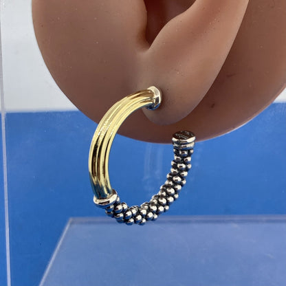 Lagos Caviar 925 Sterling Silver 18K Yellow Gold Two Toned Hoop Earrings