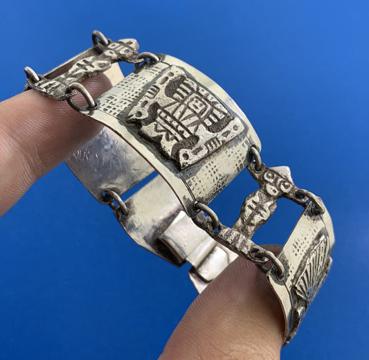 Designer Peru 925 Sterling Silver Inca Gods Panel Cuff Bracelet