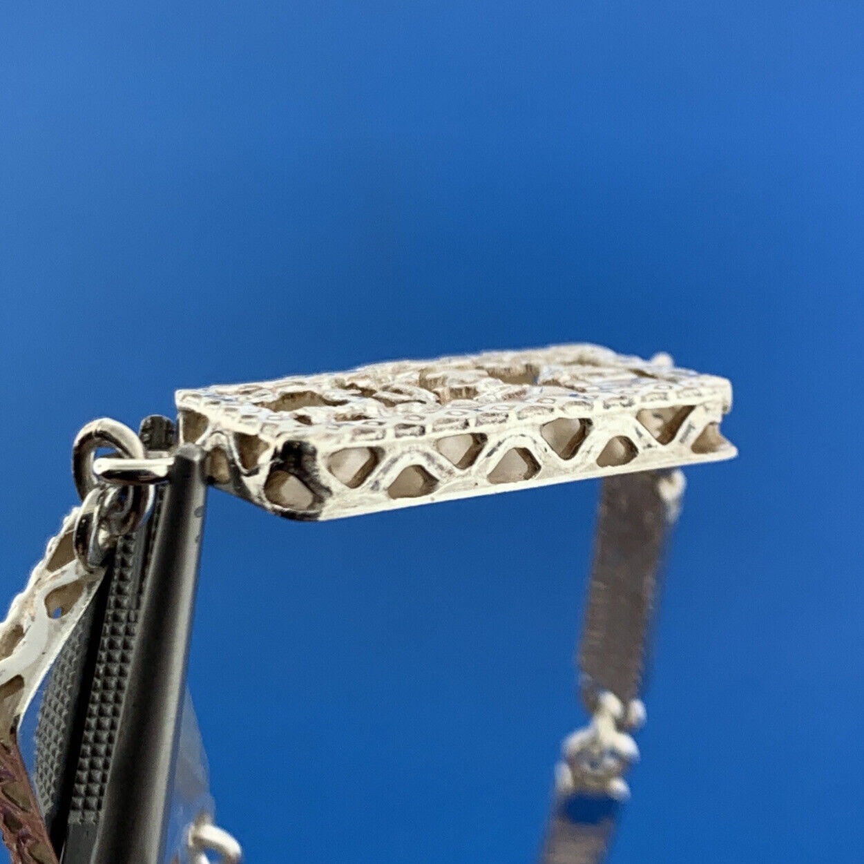 Vintage 925 Sterling Silver Malachite Aztec Incan Village Scene Panel Necklace