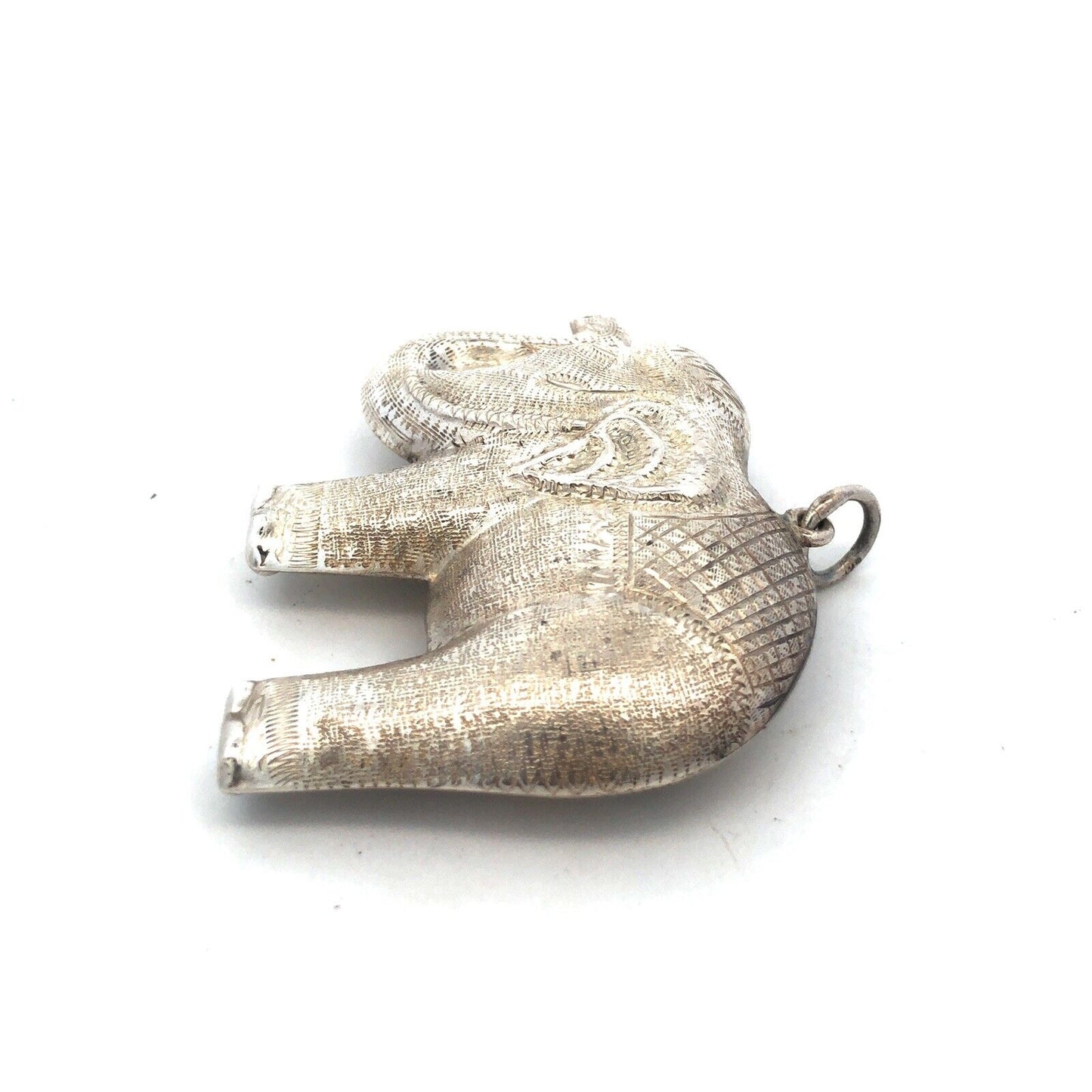 Vintage 925 Sterling Silver Textured Detailed Festival Temple Elephant Pendant