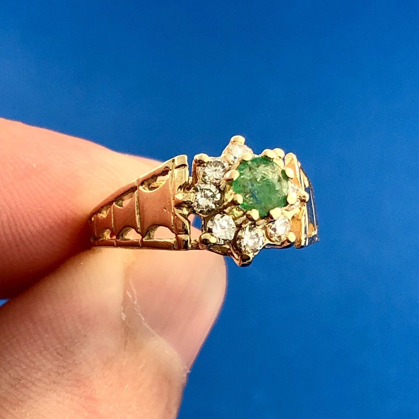 Modernist 14K Yellow Gold Emerald Diamond Halo Floral May Anniversary Ring