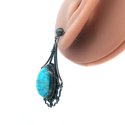Vintage Taxco EMV 925 Sterling Silver Oval Larimar Cabochon Dangle Drop Earrings