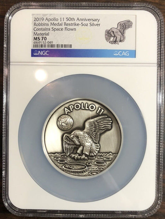 2019 Apollo 11 50th Anniversary Robbins Restrike 5oz 999 Silver NGC MS70 Medal
