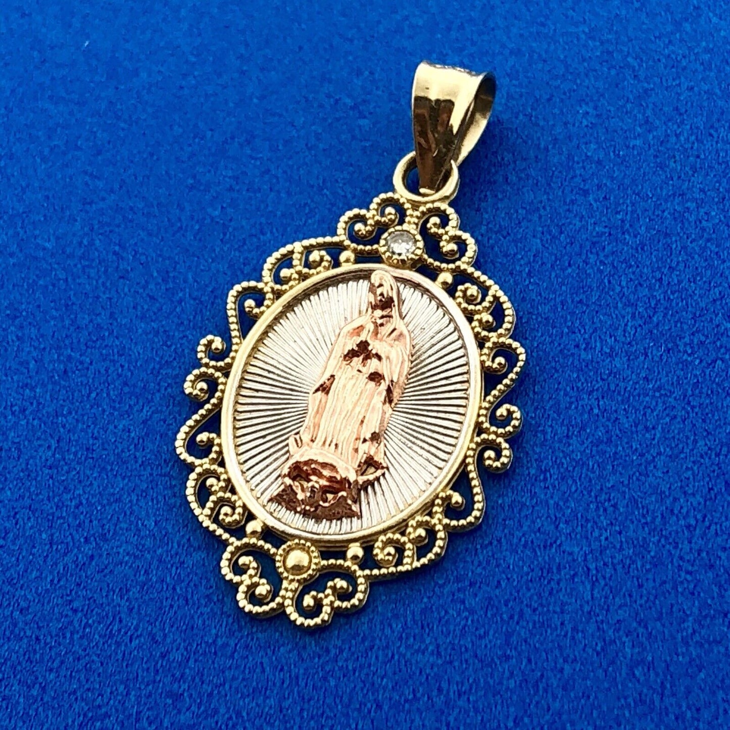 Vintage 10K Yellow White Rose Gold Diamond Oval Filigree Mother Mary Pendant