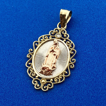 Vintage 10K Yellow White Rose Gold Diamond Oval Filigree Mother Mary Pendant