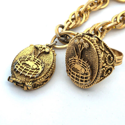 1960's Corday Rare Gold Tone Unicorn In Captivity Perfume Bracelet Ring 2 Pc Set