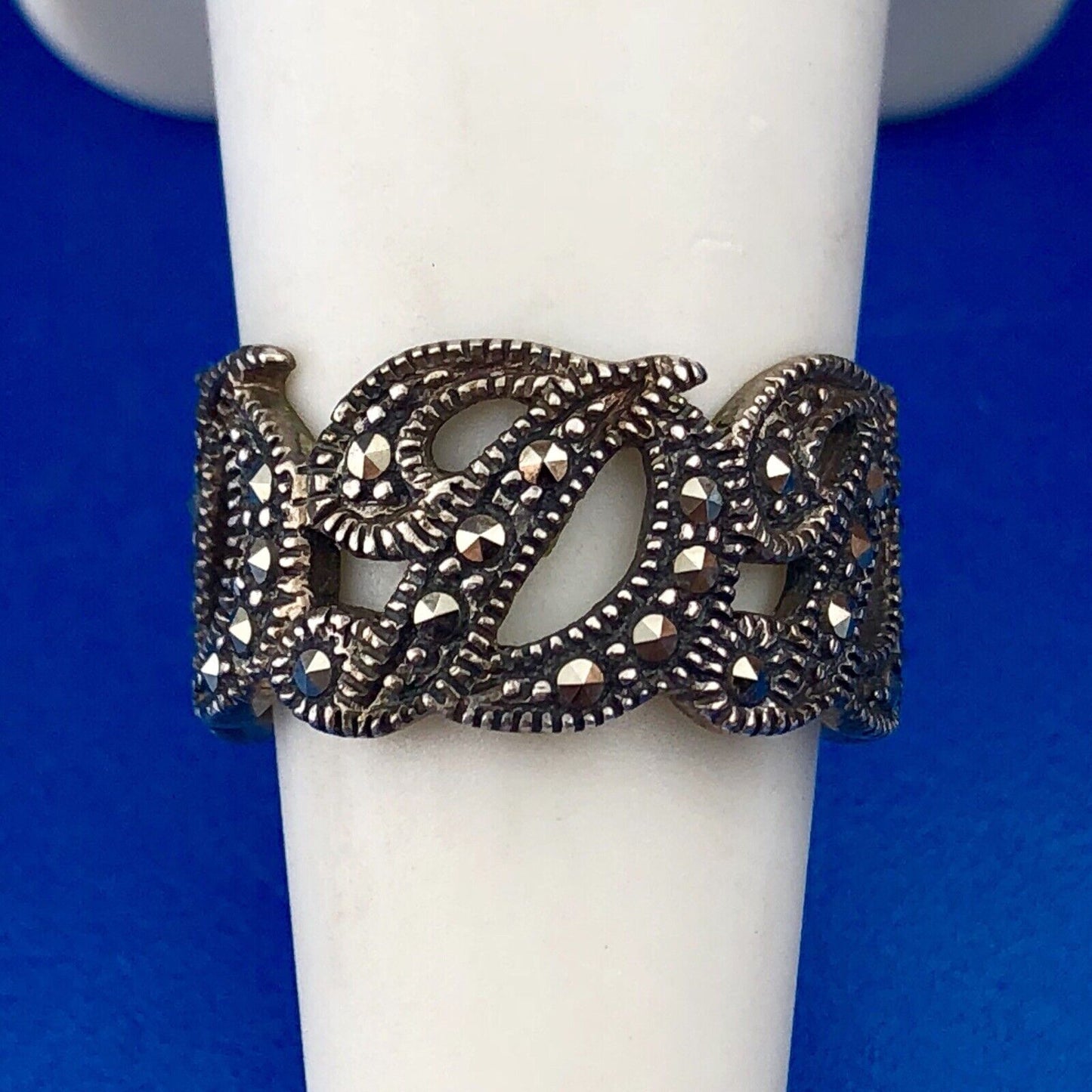 Designer Thailand 925 Sterling Silver Marcasite Cut Out D Scroll Cigar Band Ring