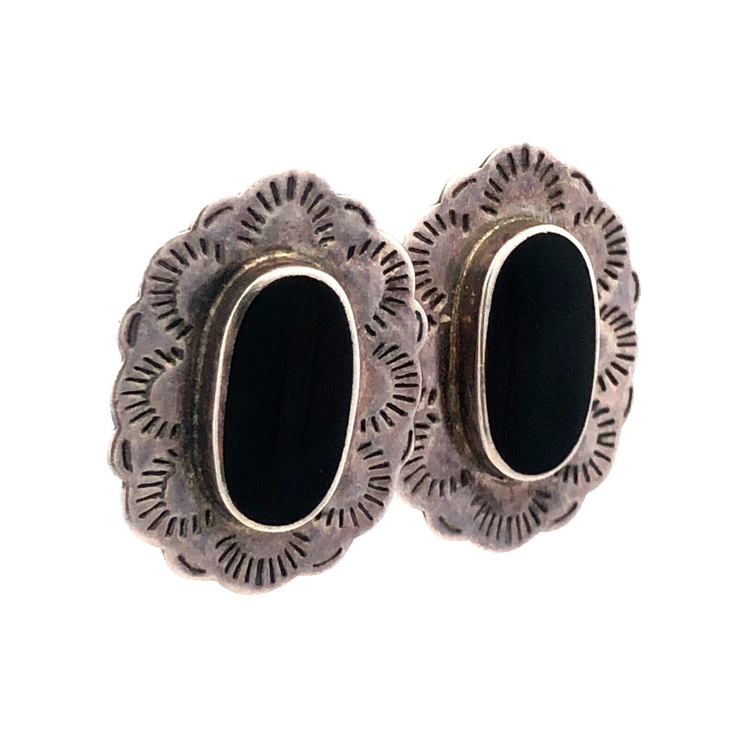 Native American Marked 925 Sterling Silver Oval Black Onyx Concho Stud Earrings