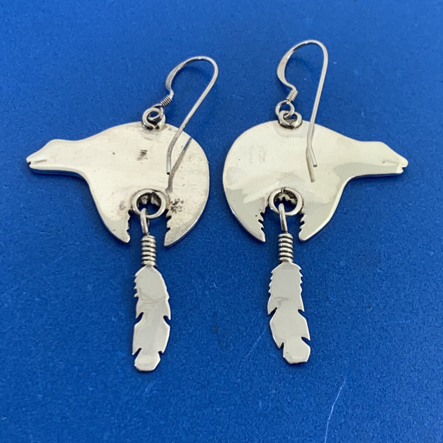 Native American Sterling Silver Concho Bear Feather Drop Storyteller Earrings