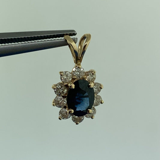 14K Yellow Gold Oval Blue Sapphire Diamond Halo Pendant