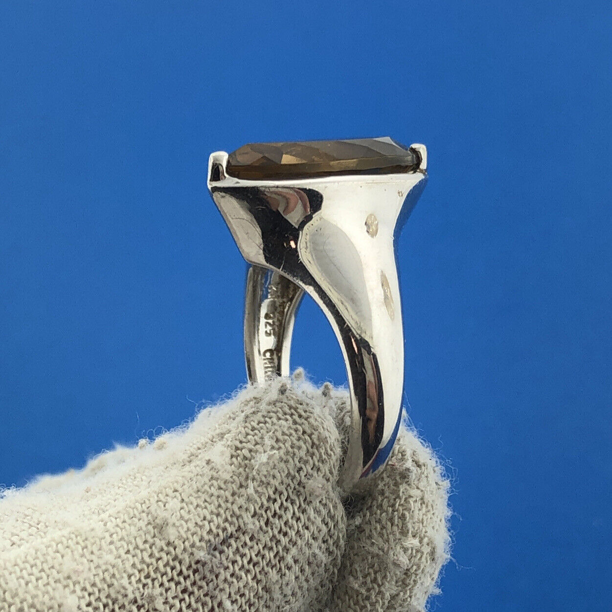 Designer KN China Sterling Silver 925 Marquise Smoky Quartz Topaz Cocktail Ring