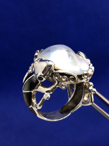 Designer GSJ 925 Sterling Silver Mother of Pearl Black Onyx Gecko Statement Ring