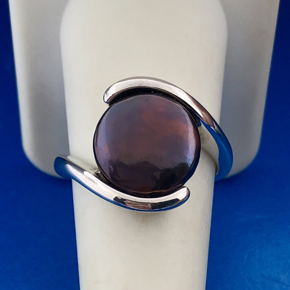Designer 925 Sterling Silver Burgundy Abalone Cabochon Modernist Bypass Ring