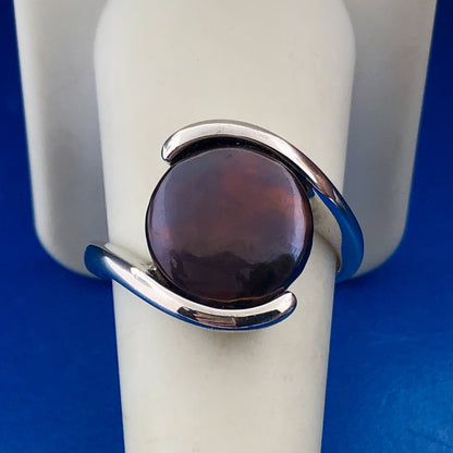Designer 925 Sterling Silver Burgundy Abalone Cabochon Modernist Bypass Ring