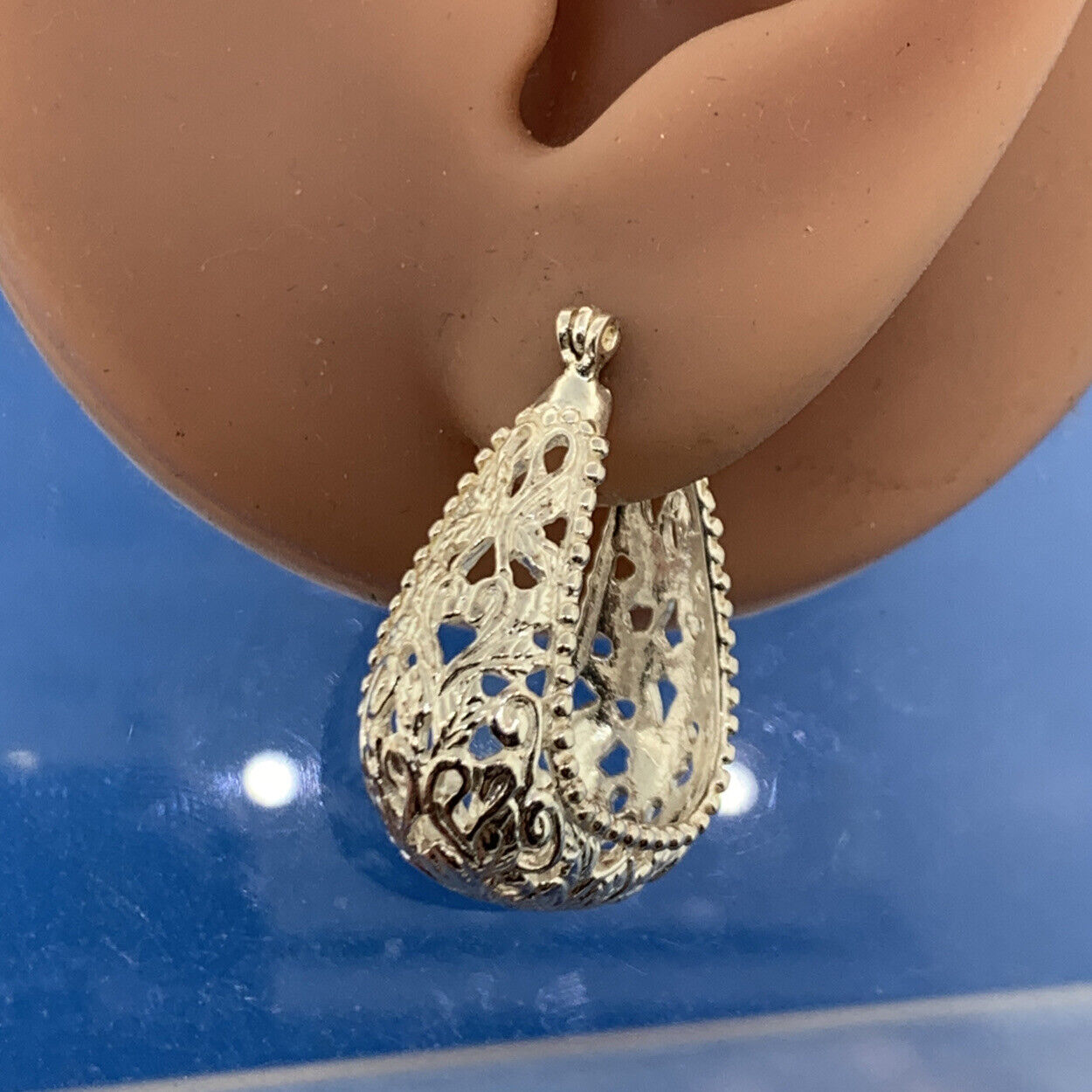 Silver Plated Floral Vine Scroll Open Work Statement Pear Hoop Earrings