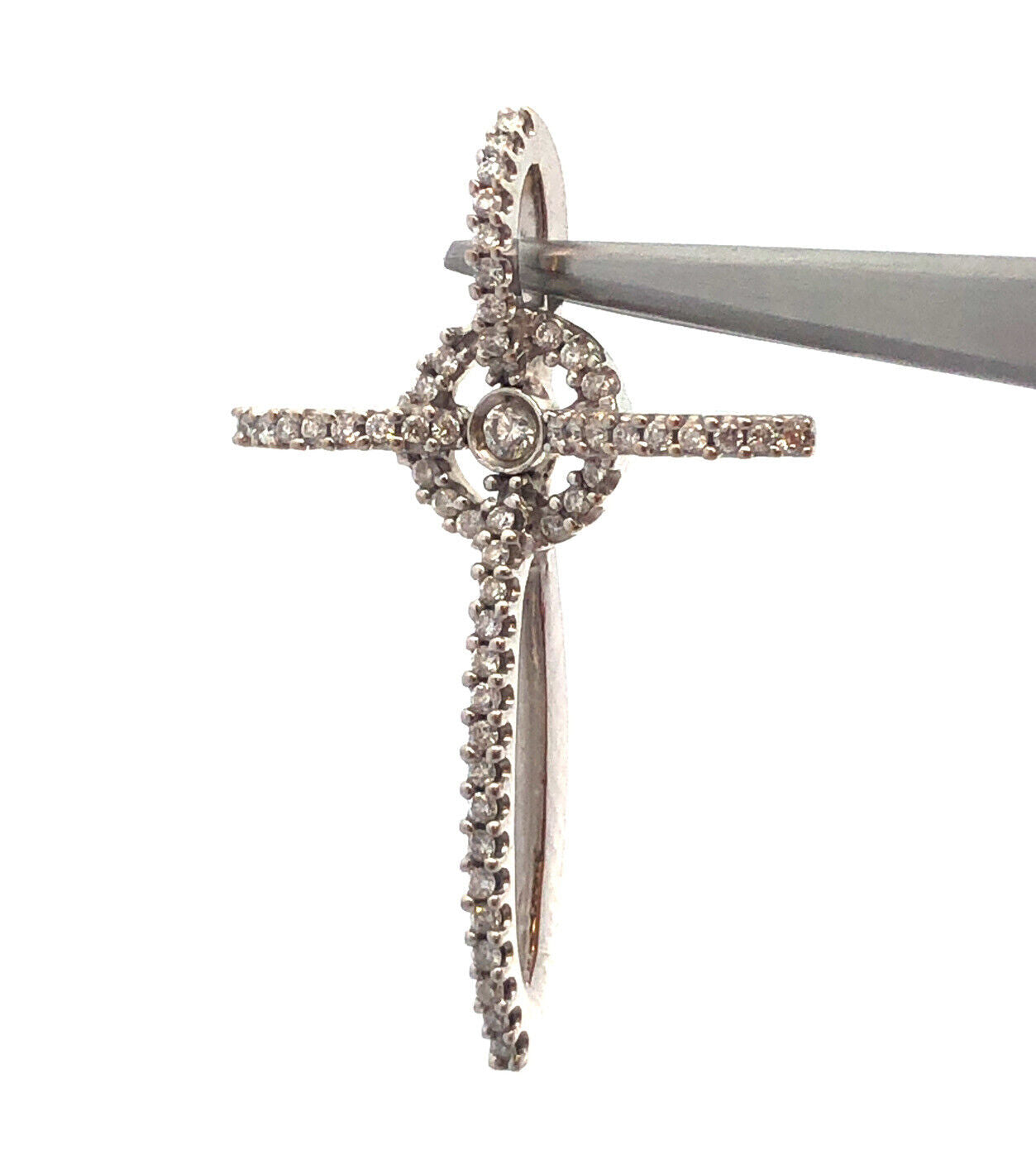 Designer 14K White Gold Pave Diamond Modernist Religious Cross Pendant