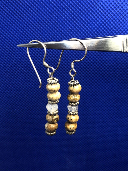 Sterling Silver 925 Moonstone Brown Jasper Beaded Natural Earthy Hook Earrings
