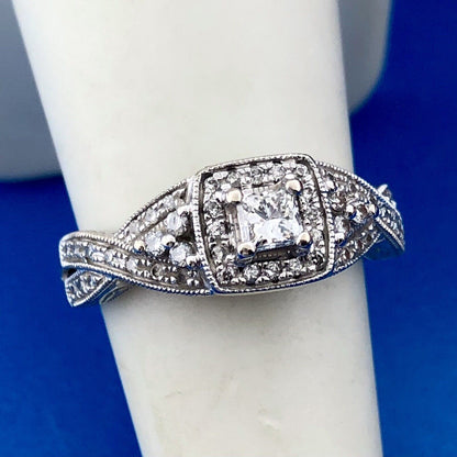 Designer 14K White Gold Diamond Princess Solitaire Halo Accented Engagement Ring