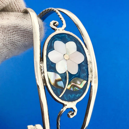 Alpaca Mexican Silver Plated Mother of Pearl Flower Inlay 6.25" Cuff Bracelet
