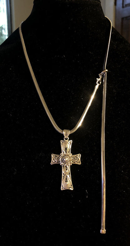 925 Sterling Silver Filigree Floral Cross Rope Chain Lariat Necklace