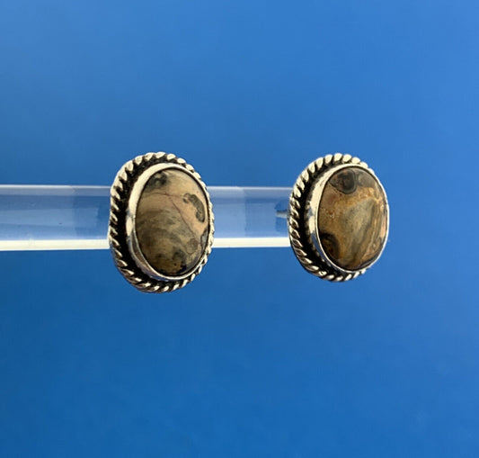 925 Sterling Silver Brown Pink Green Unakite Gemstone Oval Stud Earrings