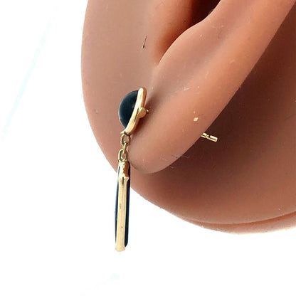 14K Yellow Gold Designer Round Rectangle Black Onyx Dangle Stud Earrings