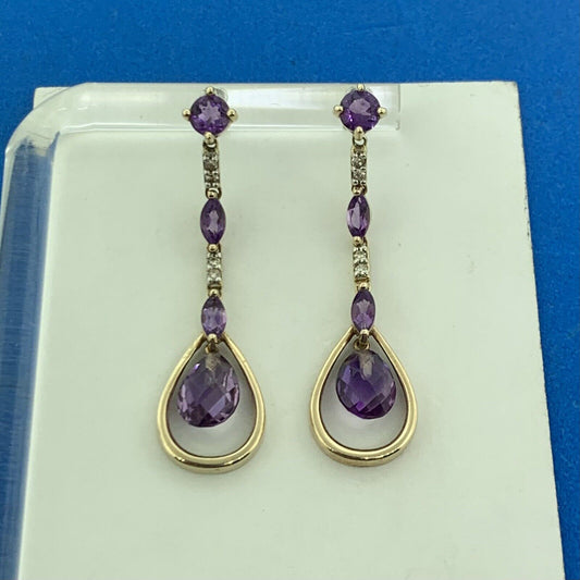 Designer 10K Yellow Gold Amethyst Diamond Accented Drop Dangle Stud Earrings