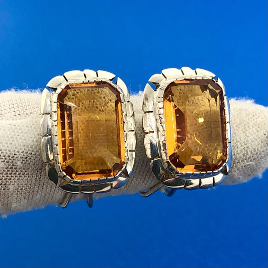 Designer 925 Sterling Silver Rectangle Orange Cubic Zirconia Statement Earrings