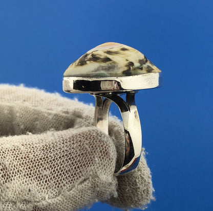 Sterling Silver 925 Brown White Abalone Shell Spiral Circle Ring Size 7.75