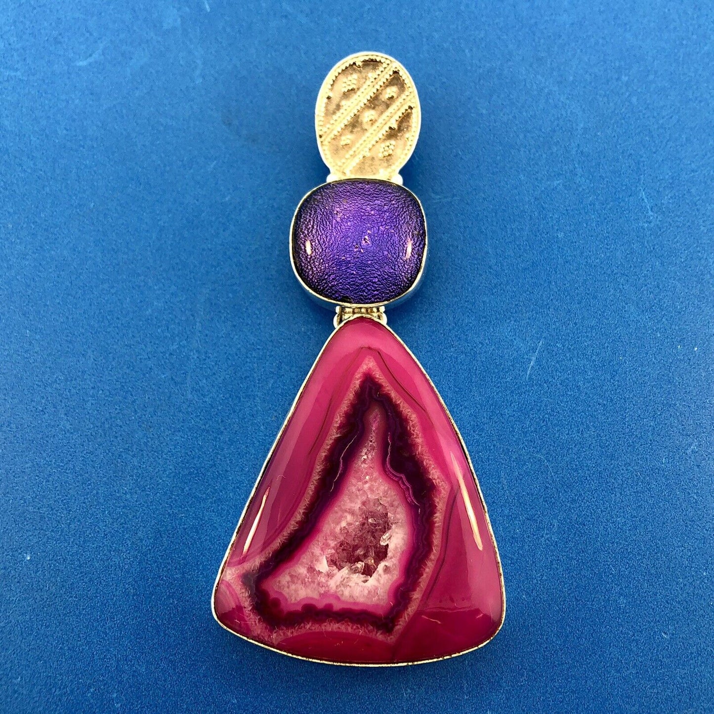Sterling Silver 925 Pink Fushia Deep Purple Druzy Quartz Geode Statement Pendant