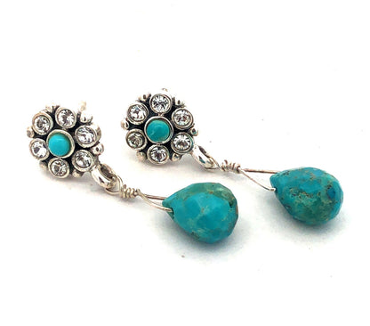 925 Sterling Silver Turquoise Round Cubic Zirconia Dangle Stud Earrings