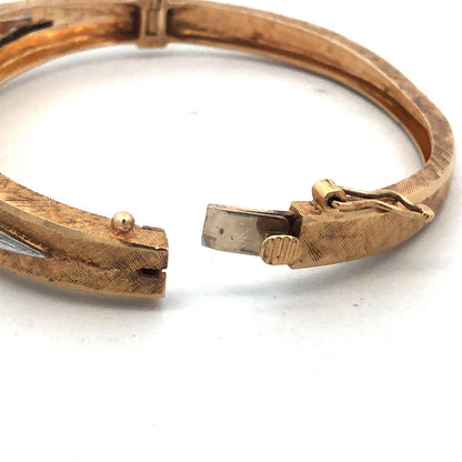 Vintage 14K Yellow Gold Round Diamond Flower Textured Hinged Bangle