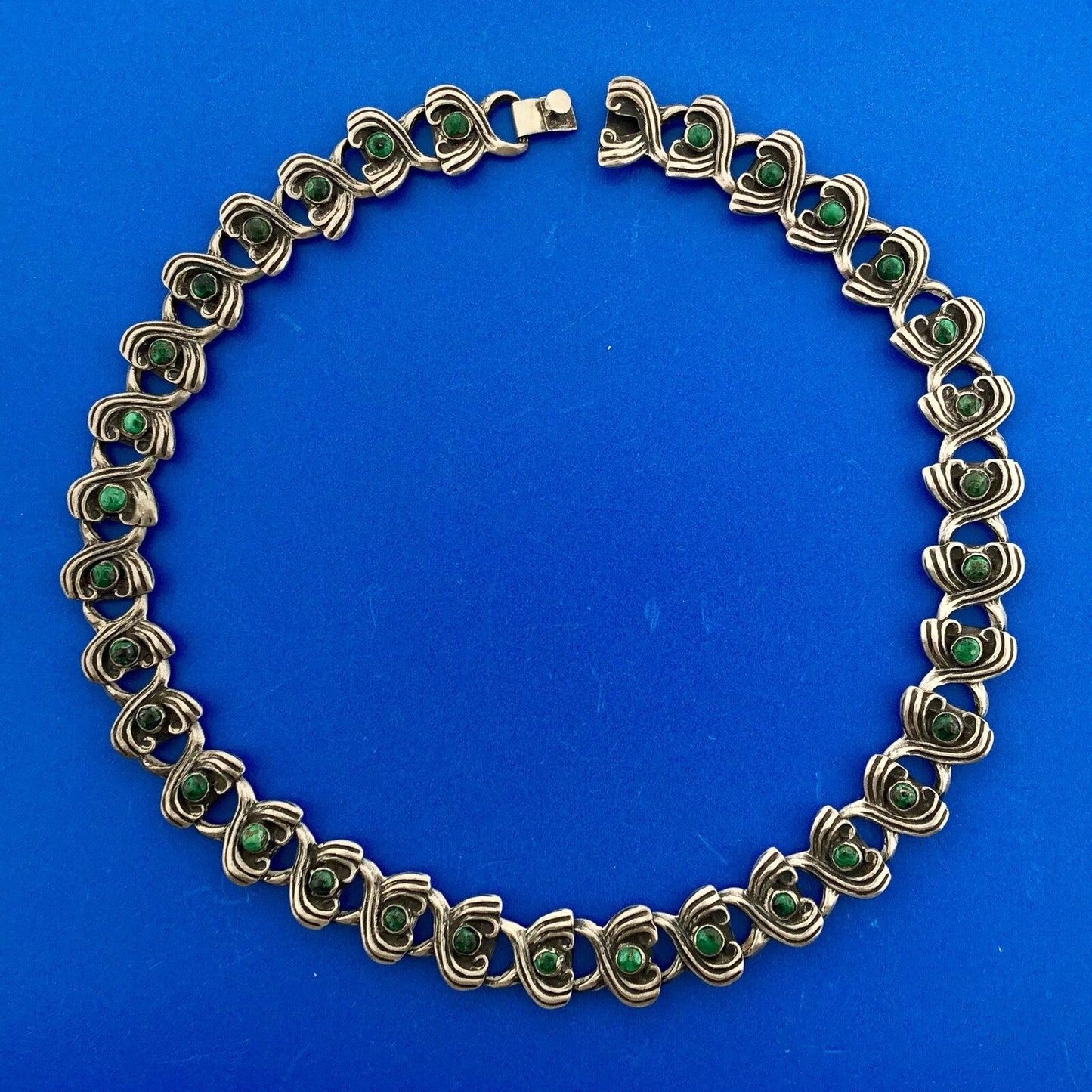 Mid Century Taxco Mexico 925 Sterling Silver Malachite Scroll Panel Necklace