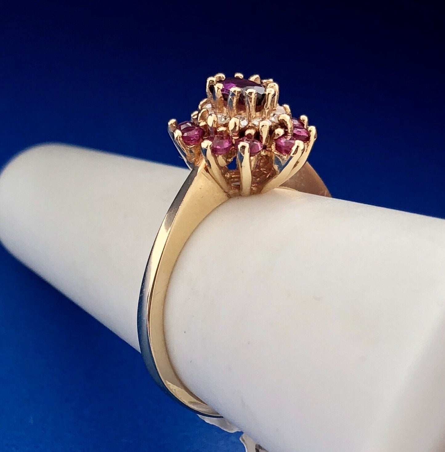 Designer 14K Yellow Gold Ruby Diamond 3 Tier Cluster Engagement Cocktail Ring