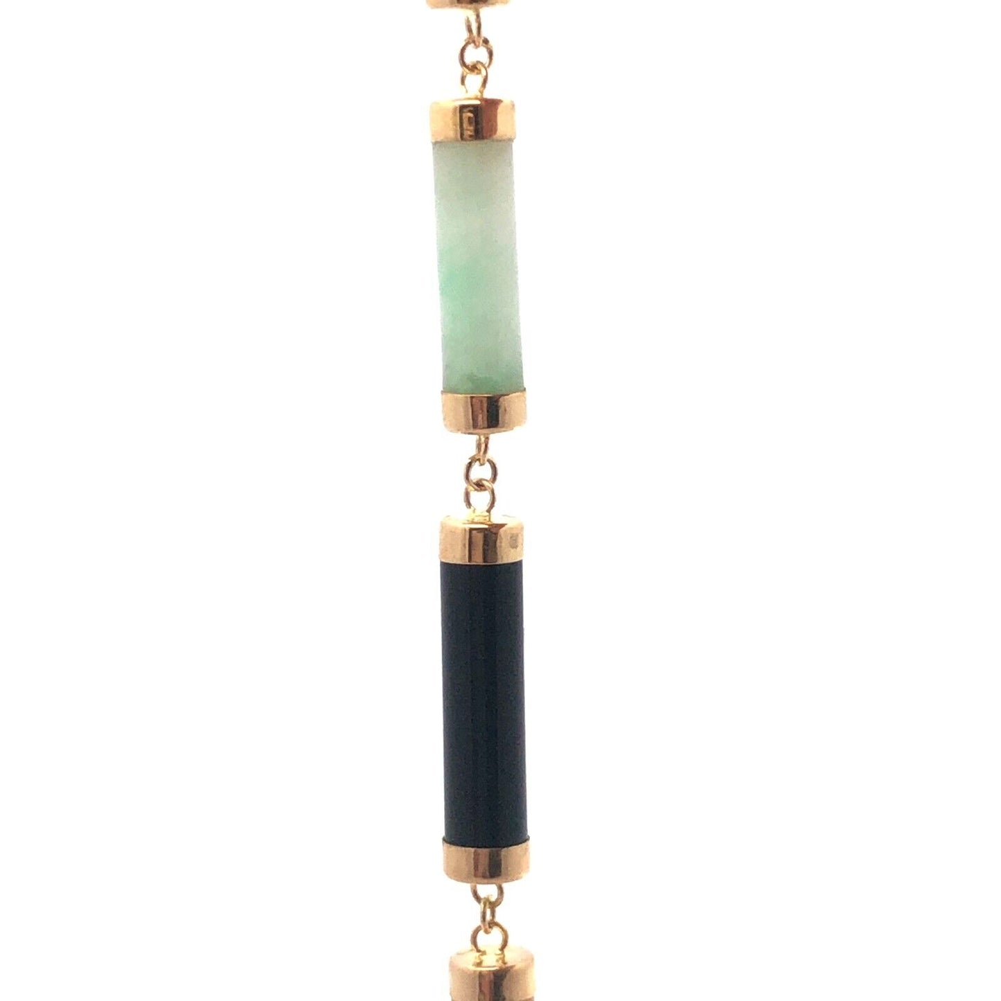 Estate 14K Yellow Gold Green White Yellow Red Jade Black Onyx Bar Link Bracelet