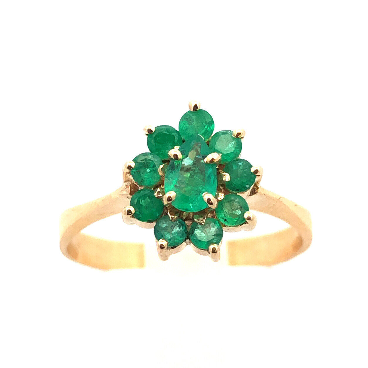 18K Yellow Gold Estate Emerald Floral Cluster May Anniversary Cocktail Ring