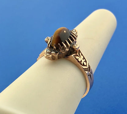 Art Deco Art Nouveau 10K Rose Gold Tigers Eye Seed Pearl Cocktail Ring