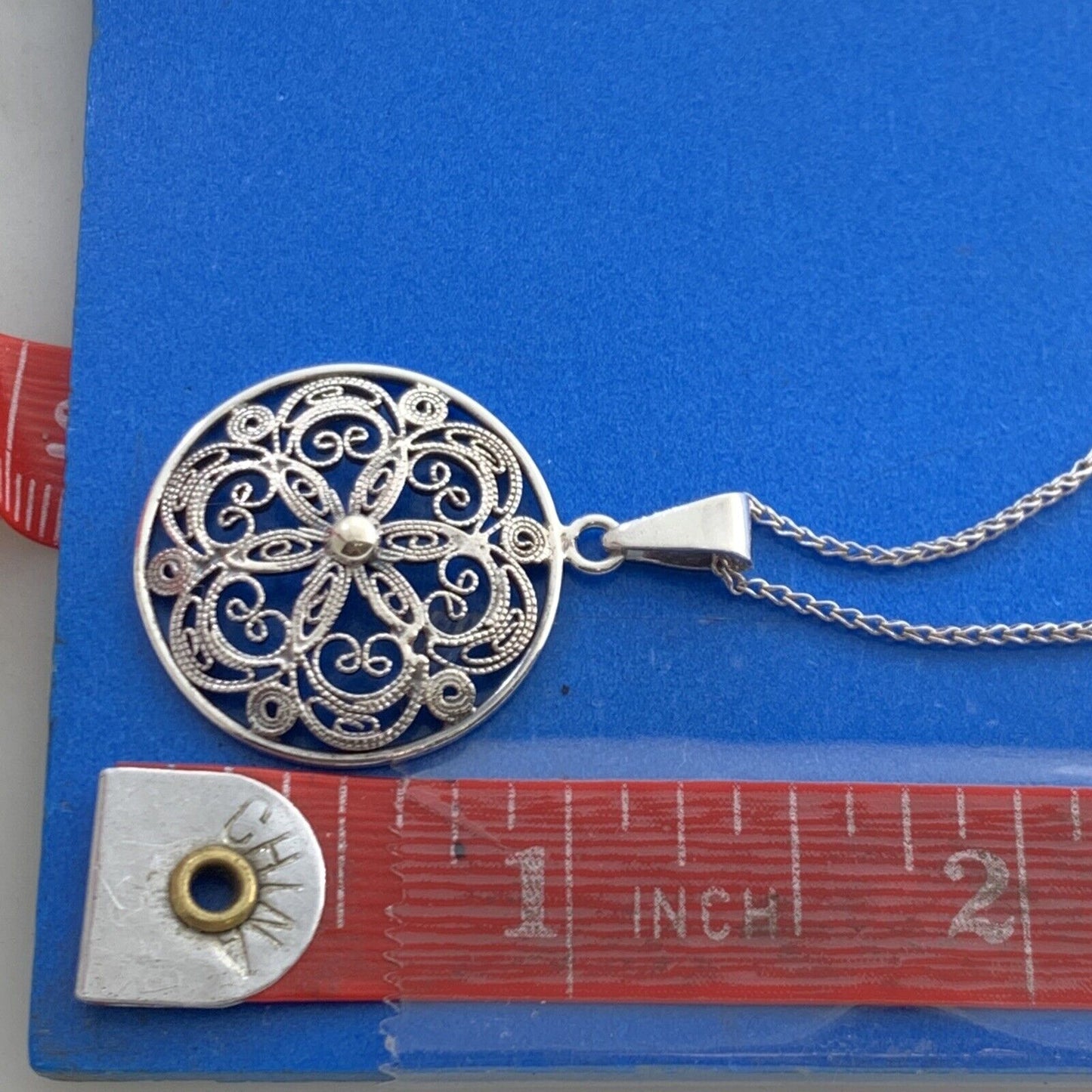 Vintage 835 Fine Silver Bead Scroll Floral Filigree Medallion Necklace