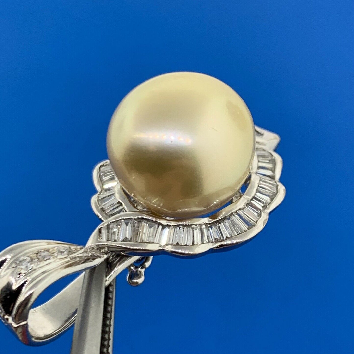 Estate 14K White Gold Pearl Diamond Baguette Halo Statement Enhancer Pendant