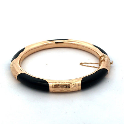 Vintage 14K Yellow Gold Black Onyx Engraved Round Hinged Bangle Bracelet