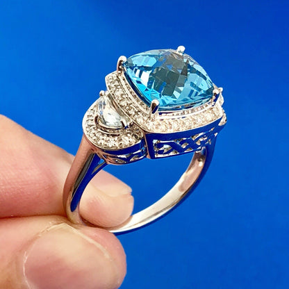 Stunning 14K White Gold Blue Topaz Diamond Aquamarine Accent Statement Ring