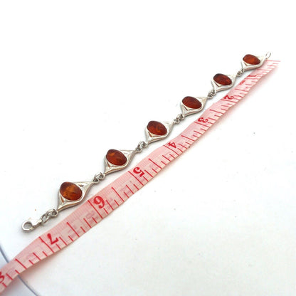 Modernist 925 Sterling Silver Oval Amber Cabochon Link Tennis Bracelet