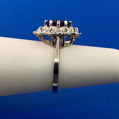 Estate 14K White Gold Amethyst Pearl Halo February Anniversary Sweetheart Ring