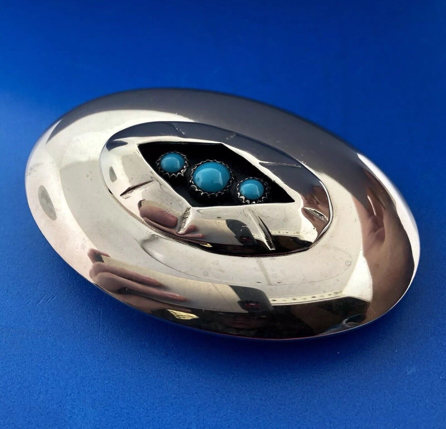Silver Tone Native American Inspired Turquoise Concho Belt Buckle Artisan Signed