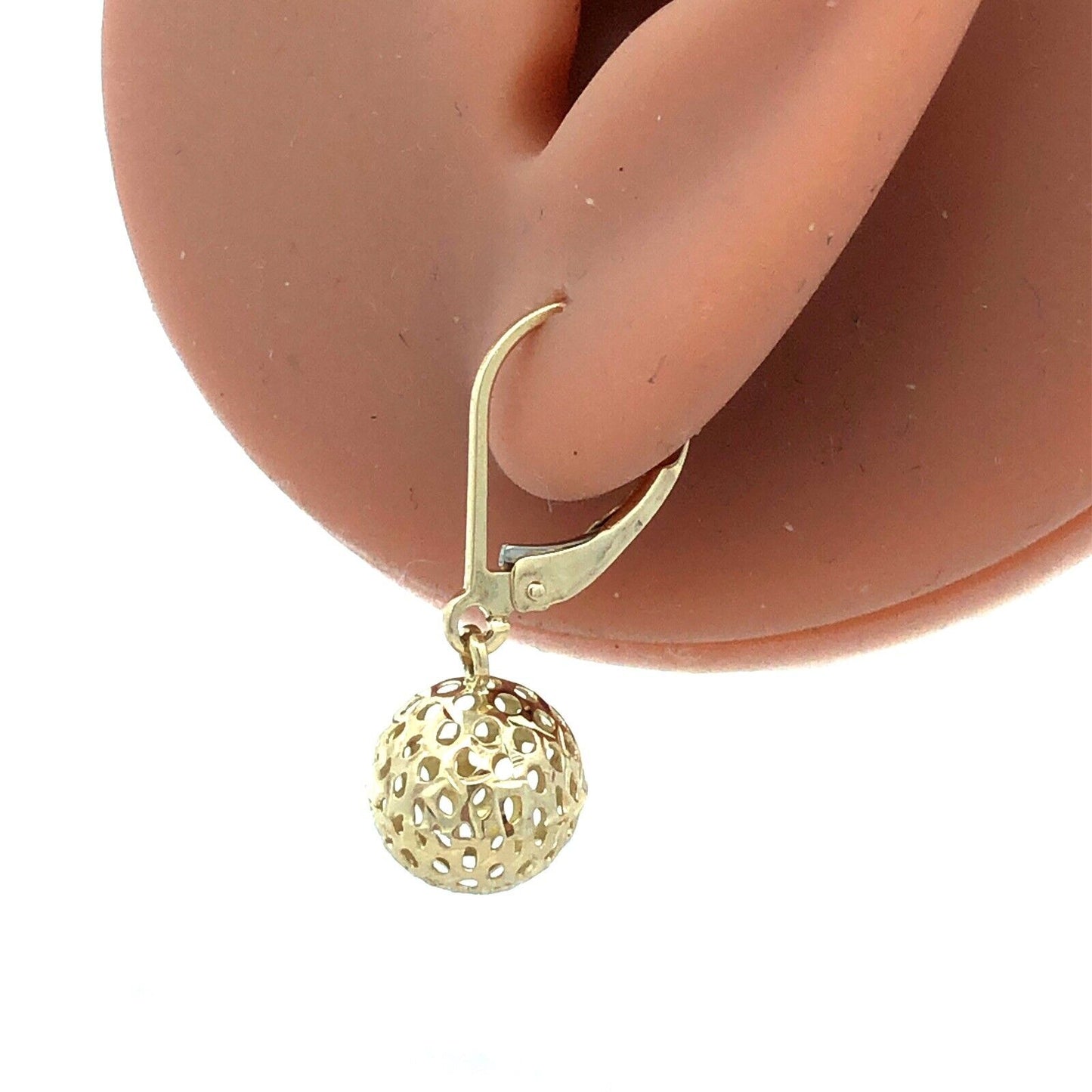 Designer RL 14K Yellow Gold Open Work Round Ball Drop Dangle Leverback Earrings
