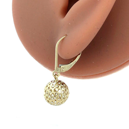 Designer RL 14K Yellow Gold Open Work Round Ball Drop Dangle Leverback Earrings
